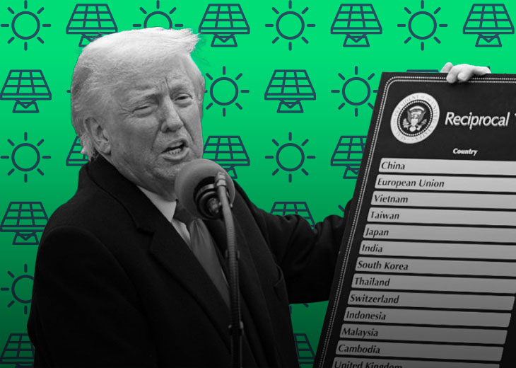Donald Trump apresentando dados sobre tarifas recíprocas com um fundo verde e ícones de energia solar.