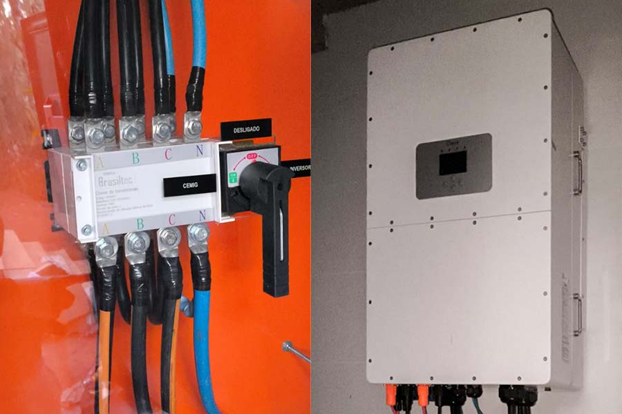 chave de transferência tetrapolar fornecida pela Sunus, para by-pass de um inversor híbrido de 30kW