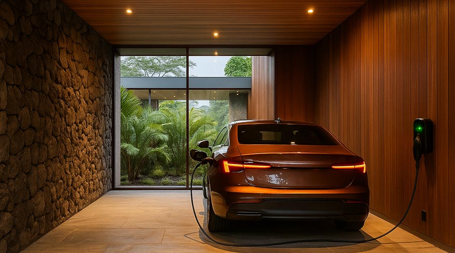Carro elétrico carregando em garagem moderna com paredes de madeira e vista para jardim em uma casa de alto padrão no condomínio Estância das Amendoeiras em Lagoa Santa - MG