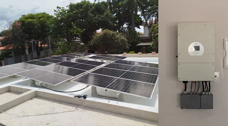 Painéis solares instalados em uma residência no bairro Bandeirantes, em Belo Horizonte-MG, com inversor híbrido de energia solar.