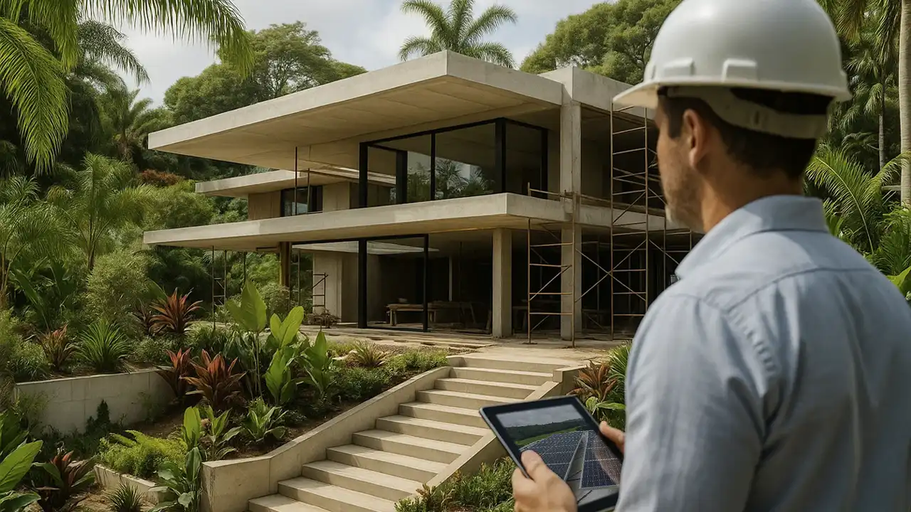 Engenheiro da Sunus visualizando projeto de energia solar da residência de alto padrão em construção, em meio a um jardim tropical com muitas plantas verdes. Obra em andamento com andaimes ao lado da casa.