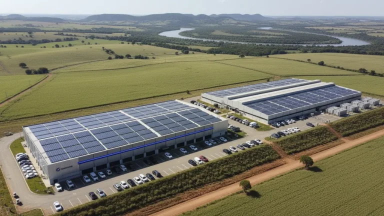 Imagem aérea de um galpão de data center de IA abastecido com energia solar