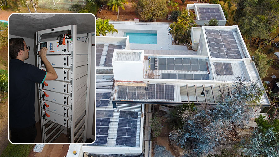Sistema híbrido de energia solar e banco de baterias Deye em uma residência de alto padrão localizada no condomínio Morro do Chapéu, em Nova Lima - MG.