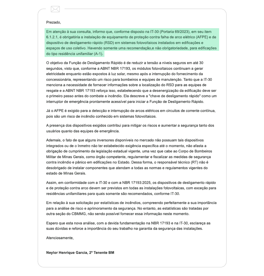 é obrigatória a instalação de equipamento de proteção contra falha de arco elétrico (AFPE) e de dispositivo de desligamento rápido (RSD) em sistemas fotovoltaicos instalados em edificações e espaços de uso coletivo