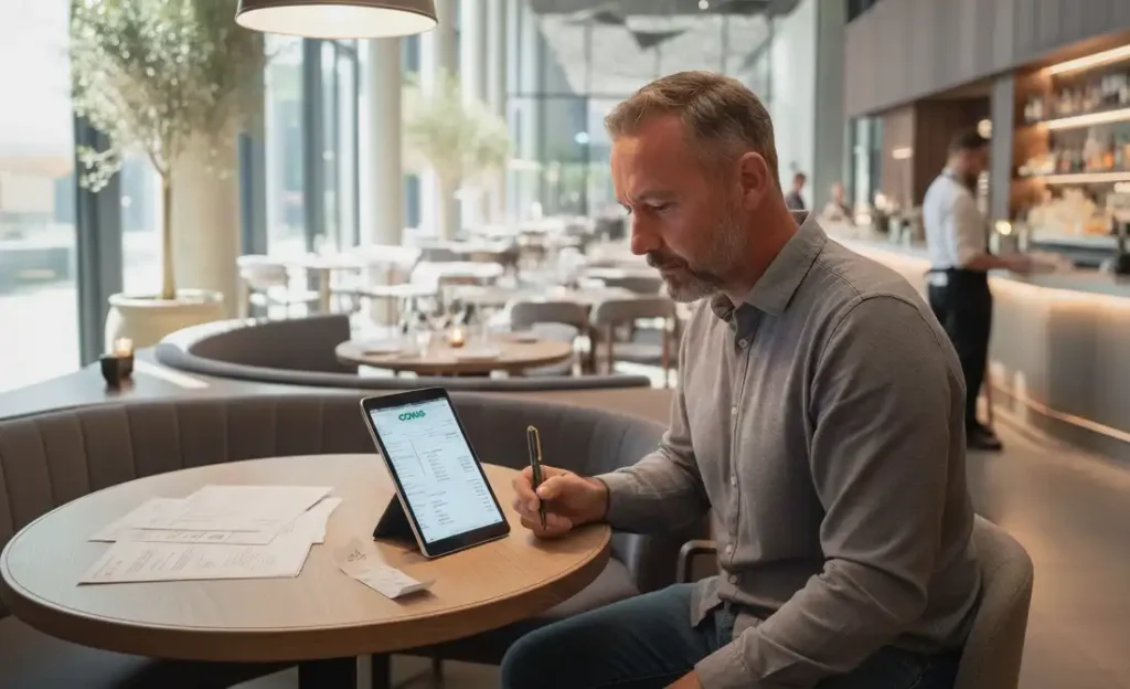 Proprietário de restaurante em Belo Horizonte conferindo as contas de luz após a instalação da energia solar