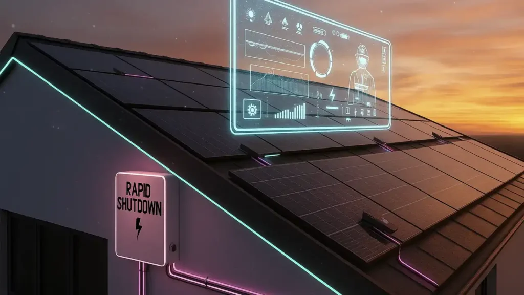 RSD (Rapid Shutdown) em sistema fotovoltaico: telhado com painéis solares, placa “Rapid Shutdown” e interface de monitoramento para segurança elétrica
