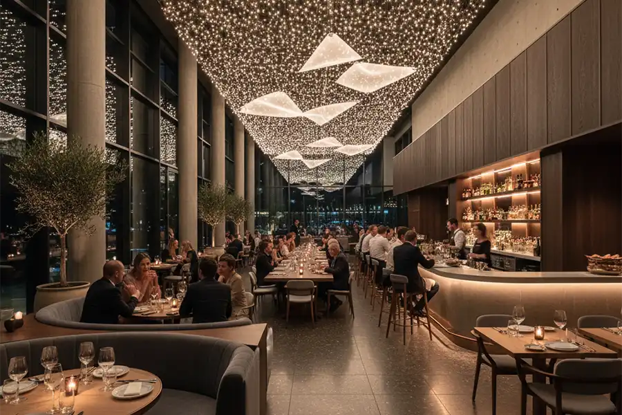 Restaurante em edifício contando com energia solar para iluminação, refrigeração e equipamentos elétricos